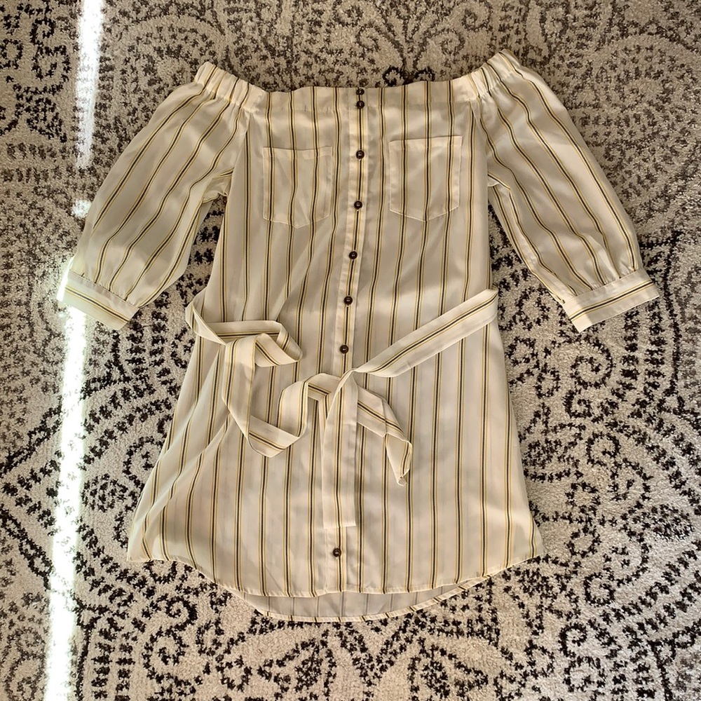 Sweet Wanderer White Striped Off the Shoulder Long Sleeve Mini Dress Size M
